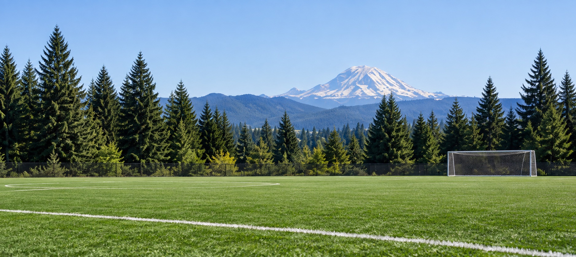 An evergreen-framed soccer field with a Northwest mountain beyond